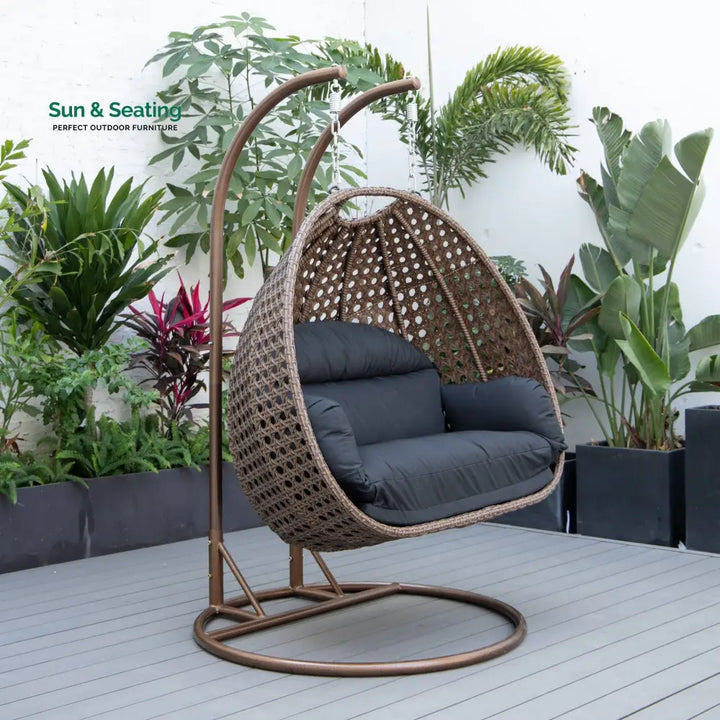 Longo Double Seater Hanging Swing With Stand For Balcony Garden Swing (Brown) Swings