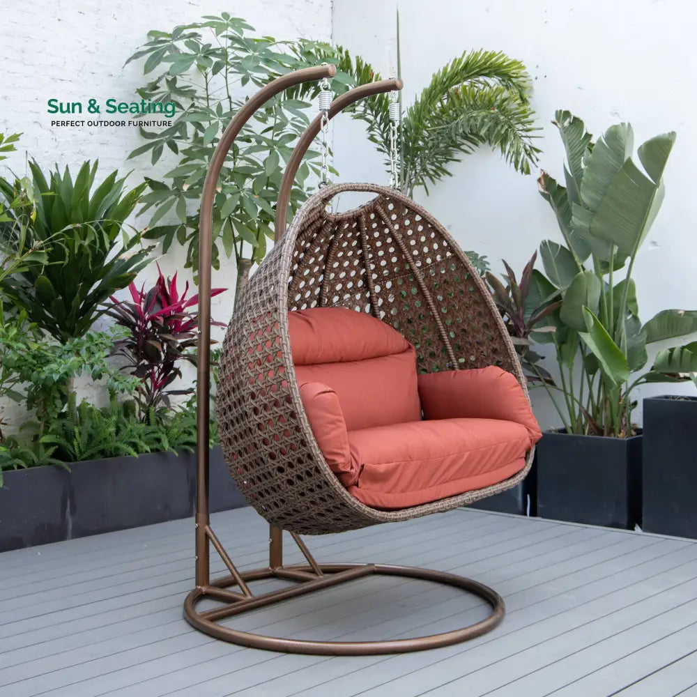 Longo Double Seater Hanging Swing With Stand For Balcony Garden Swing (Brown) Swings