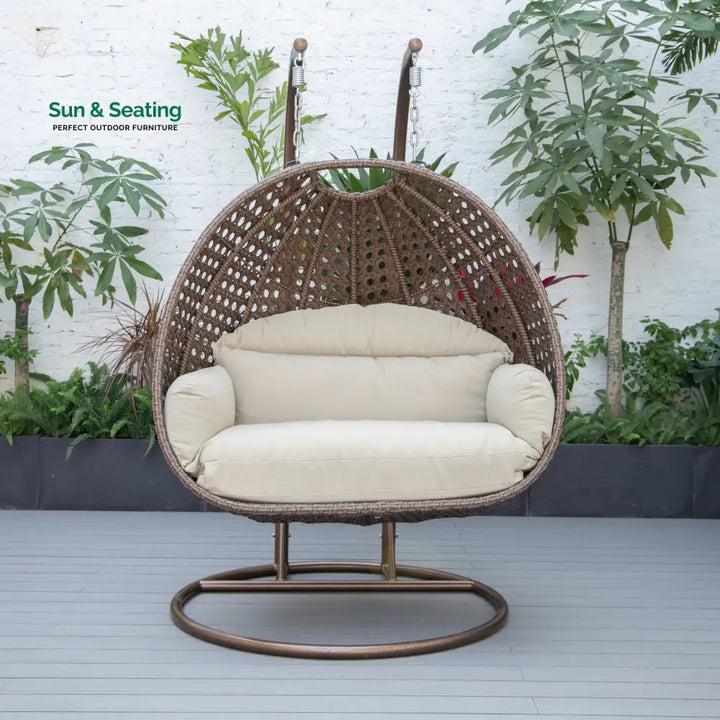 Longo Double Seater Hanging Swing With Stand For Balcony Garden Swing (Brown) Taupe Swings