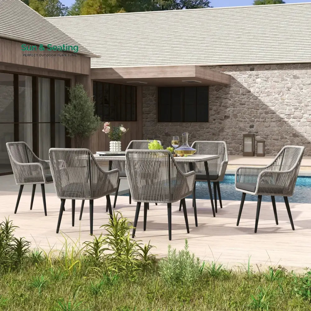 Lopa 7-Piece Outdoor Patio Dining Set with Rope Chairs &amp; Glass Top Table Dining Set