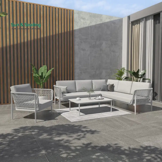 Louella Outdoor Garden Balcony Sofa Set 5 Seater 1 Single seater and 1 Center Table Set Braid & Rope(Grey) Sofa Sets