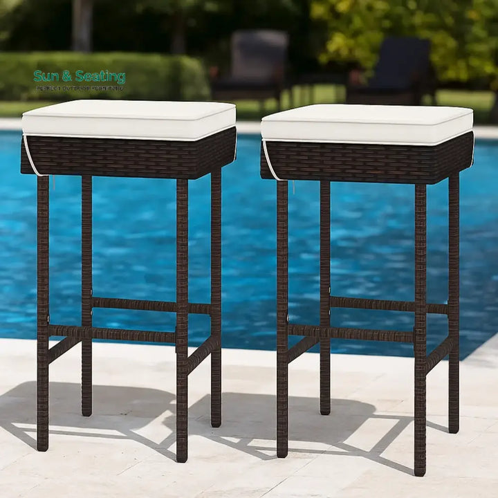 Lourdes 2-Piece Rattan Wicker Patio Bar Stools Bar Chairs