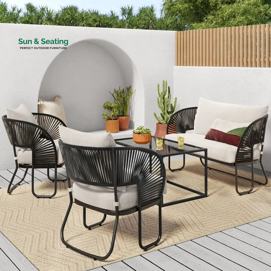 Lucas Outdoor Sofa Set 2 Seater 2 Single seater and 1 Center Table Set (Black) Braided & Rope Sofa Sets