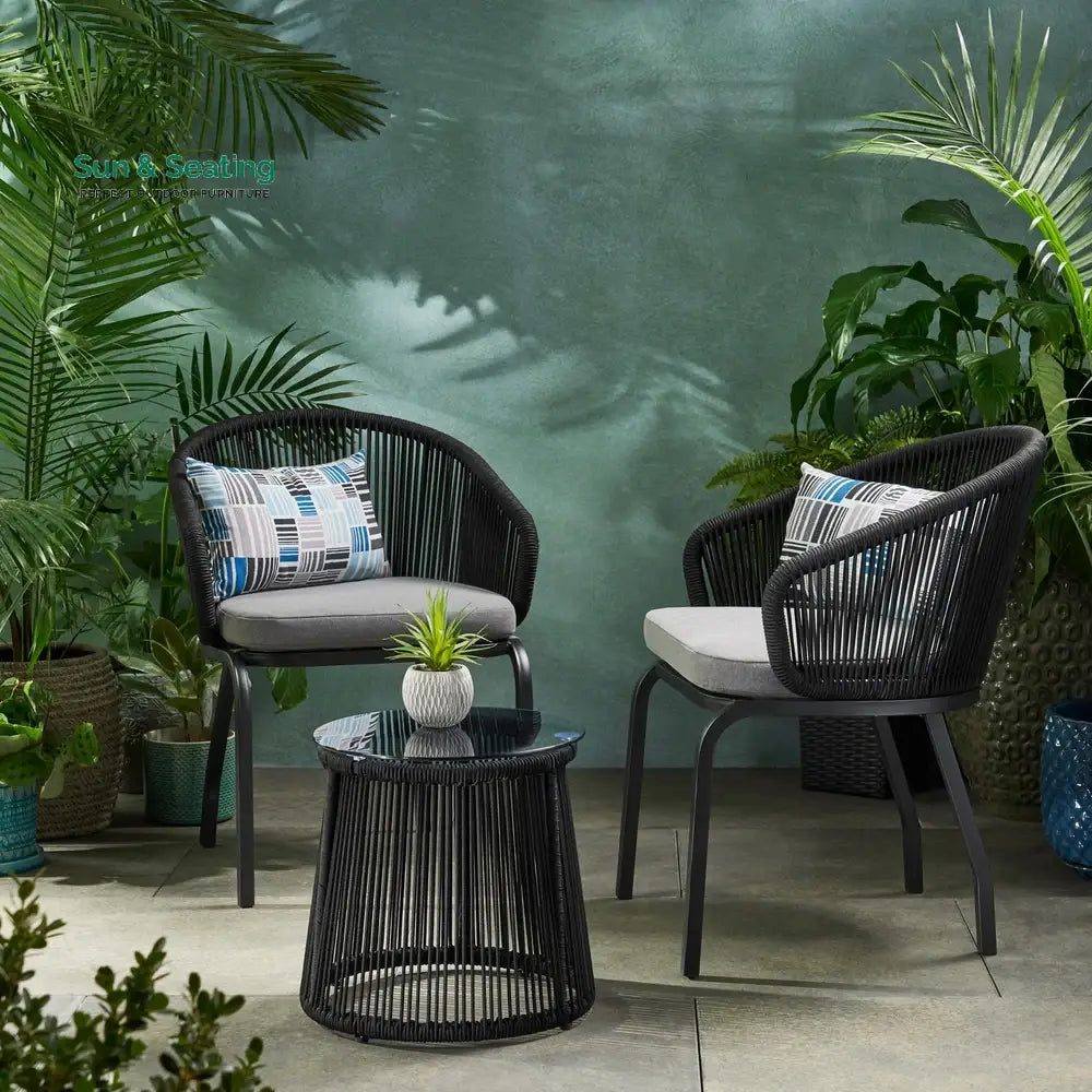 Luigi Outdoor Patio Seating Set 2 Chairs and 1 Table Set (Black) Braided &amp; Rope Coffee Table Sets
