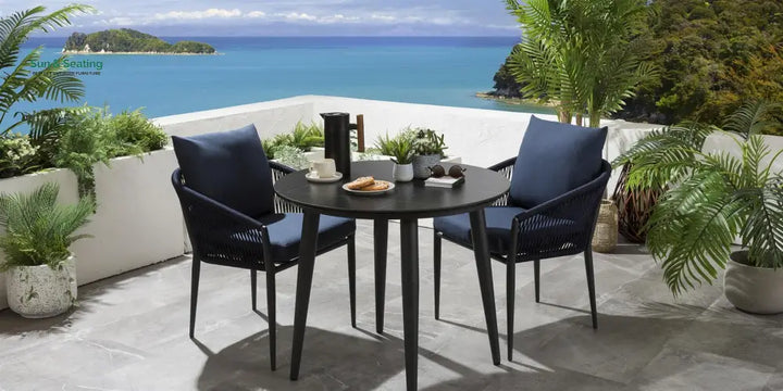 Luis Outdoor Patio Seating Set 2 Chairs and 1 Table Set (Black + Blue) Braided &amp; Rope Coffee Table Sets