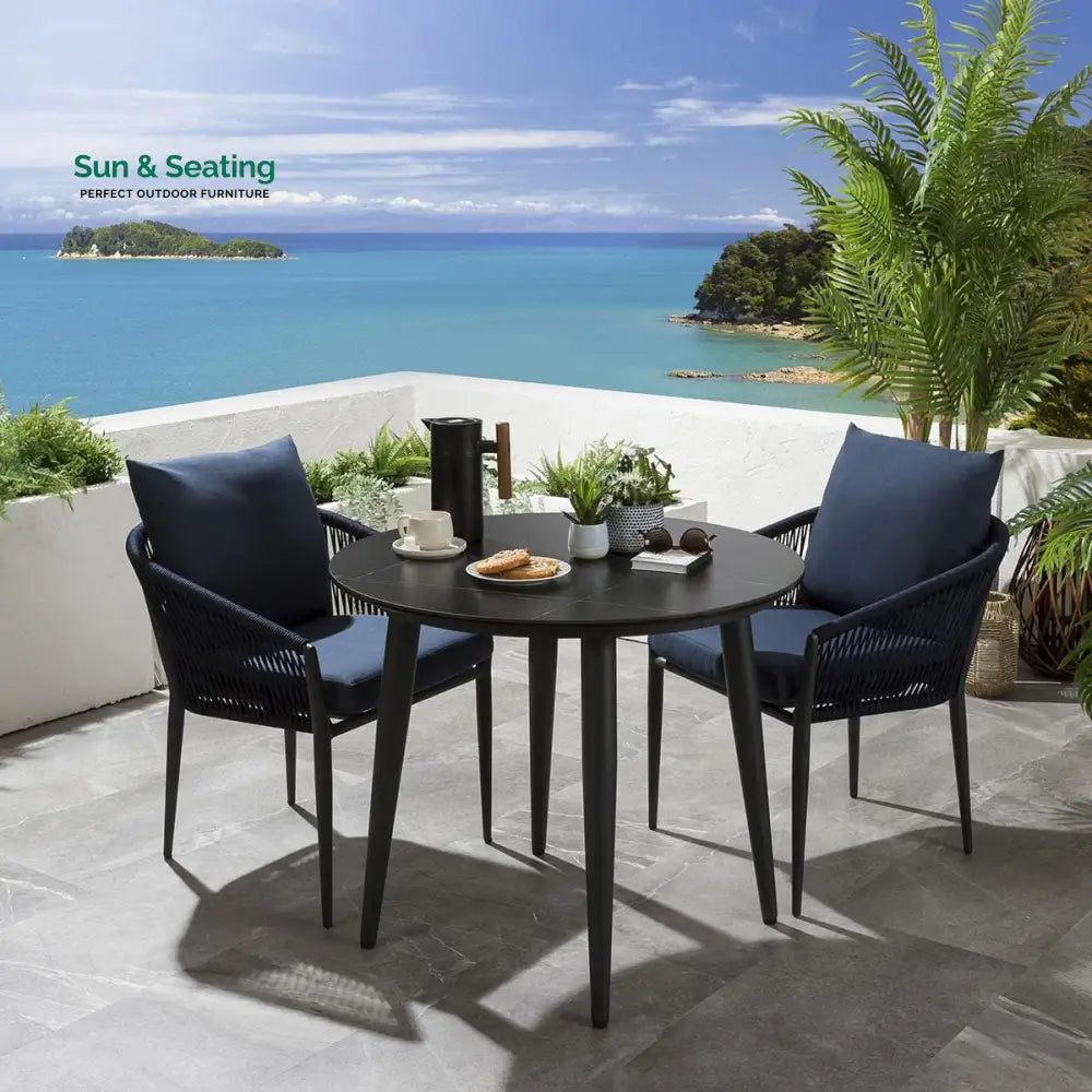 Luis Outdoor Patio Seating Set 2 Chairs and 1 Table Set (Black + Blue) Braided &amp; Rope Coffee Table Sets