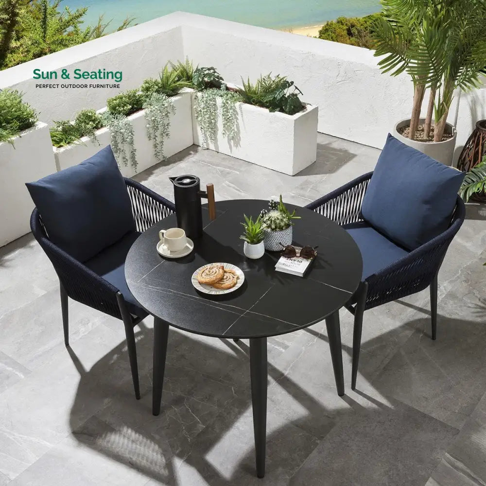 Luis Outdoor Patio Seating Set 2 Chairs and 1 Table Set (Black + Blue) Braided & Rope Coffee Table Sets