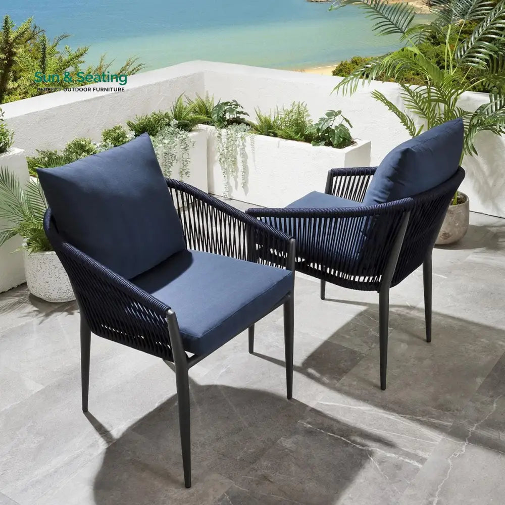 Luis Outdoor Patio Seating Set 2 Chairs and 1 Table Set (Black + Blue) Braided &amp; Rope Coffee Table Sets