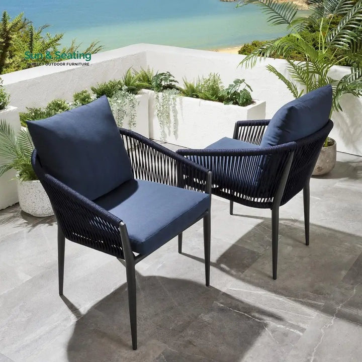 Luis Outdoor Patio Seating Set 2 Chairs and 1 Table Set (Black + Blue) Braided &amp; Rope Coffee Table Sets