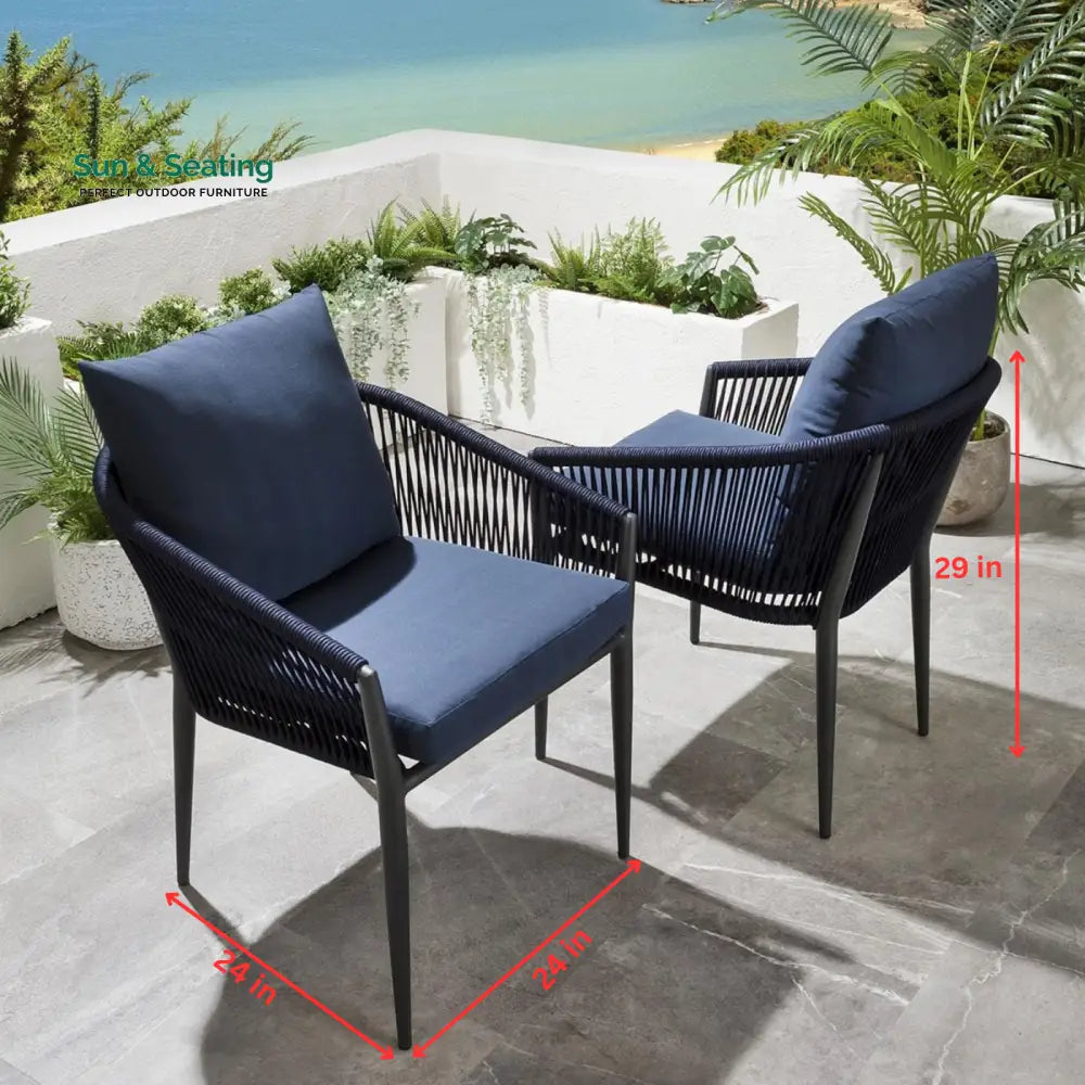 Luis Outdoor Patio Seating Set 2 Chairs and 1 Table Set (Black + Blue) Braided &amp; Rope Coffee Table Sets