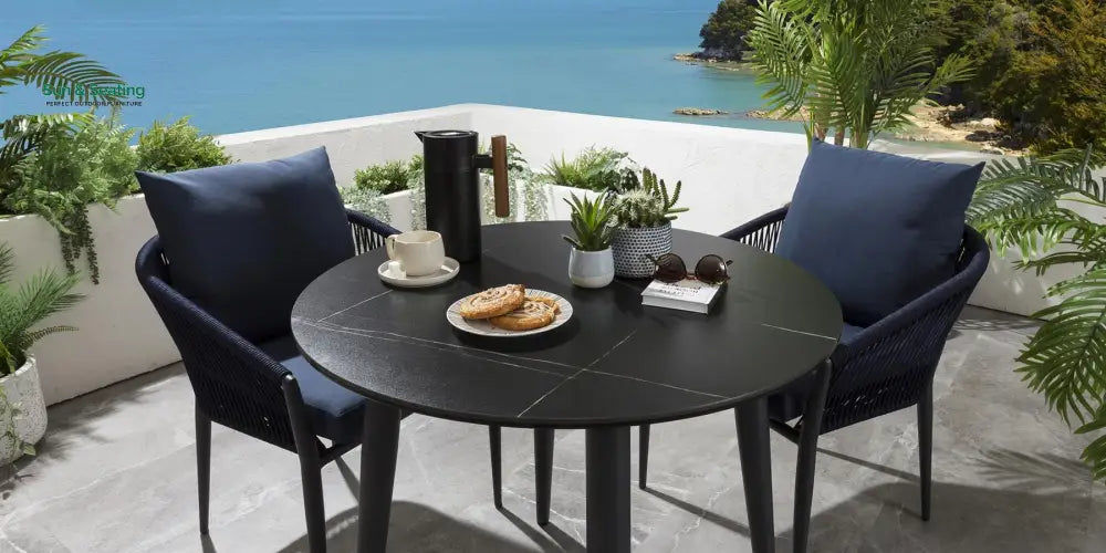 Luis Outdoor Patio Seating Set 2 Chairs and 1 Table Set (Black + Blue) Braided &amp; Rope Coffee Table Sets