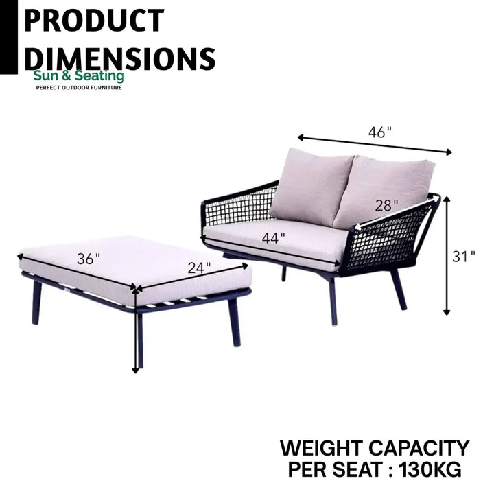 Lumi 2-Piece Outdoor Rope Loveseat Sofa With Ottoman Patio Sofa Set