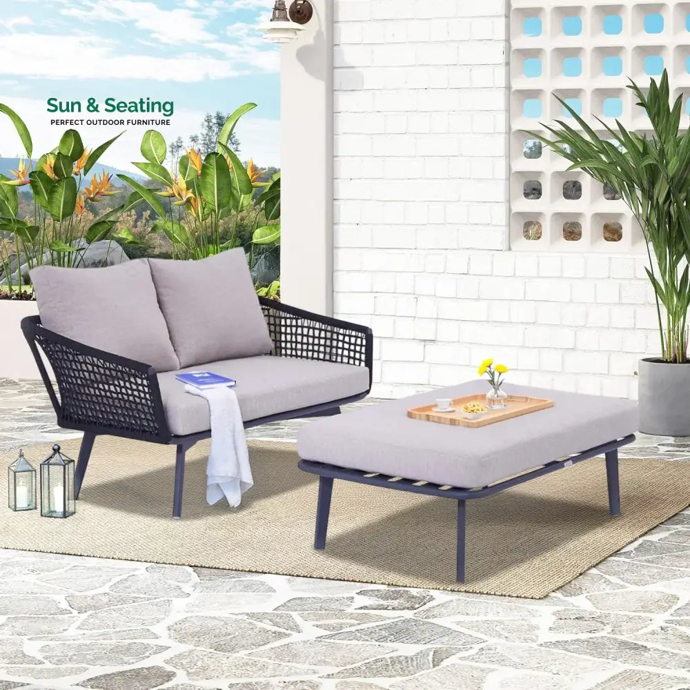 Lumi 2-Piece Outdoor Rope Loveseat Sofa With Ottoman Patio Sofa Set