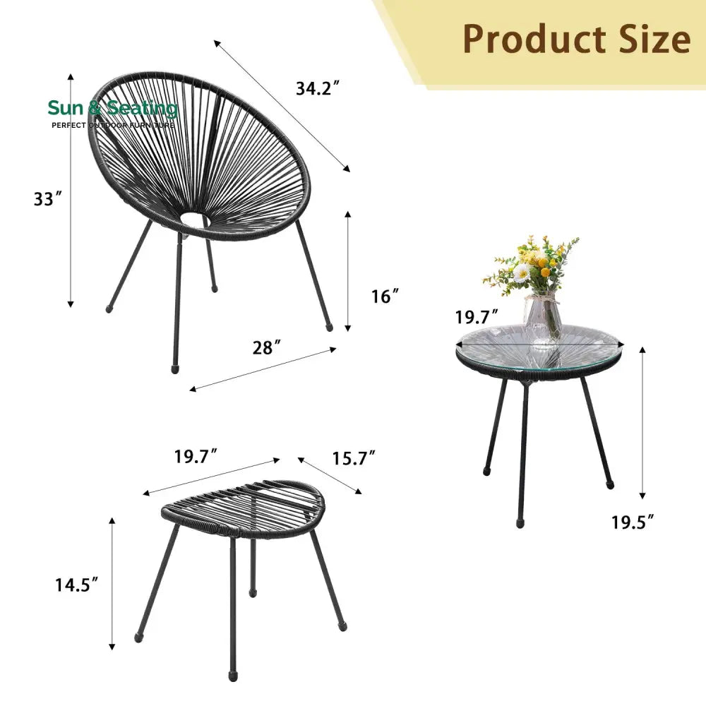 Lung Outdoor Patio Seating Set 2 Chairs and 1 Table Set (Black) Coffee Table Sets
