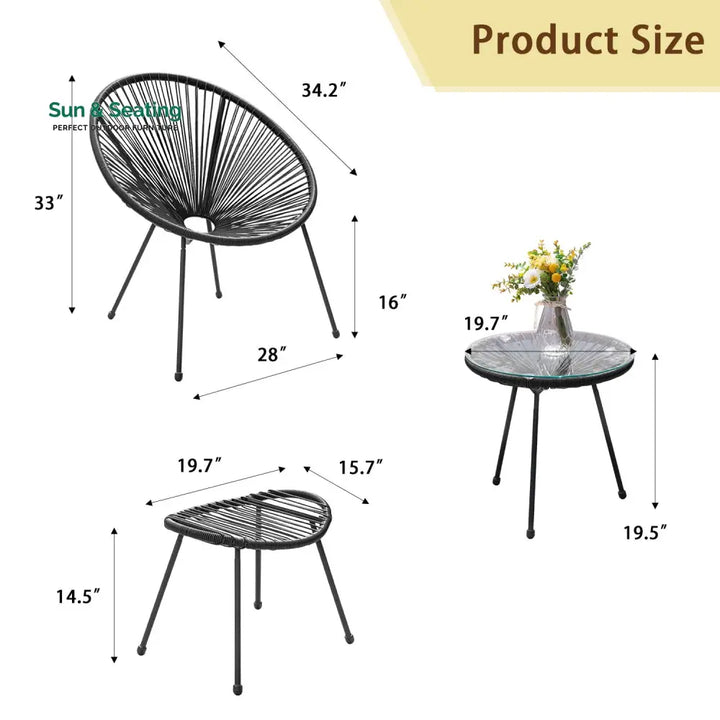 Lung Outdoor Patio Seating Set 2 Chairs and 1 Table Set (Black) Coffee Table Sets
