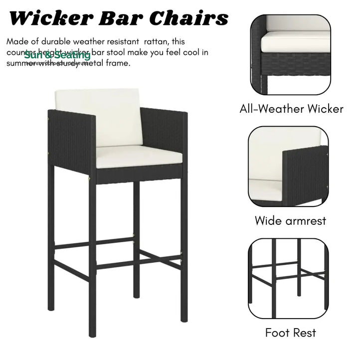 Lupe 7-Piece Outdoor Rattan Wicker Bar Set with Glass Top Table Bar Set