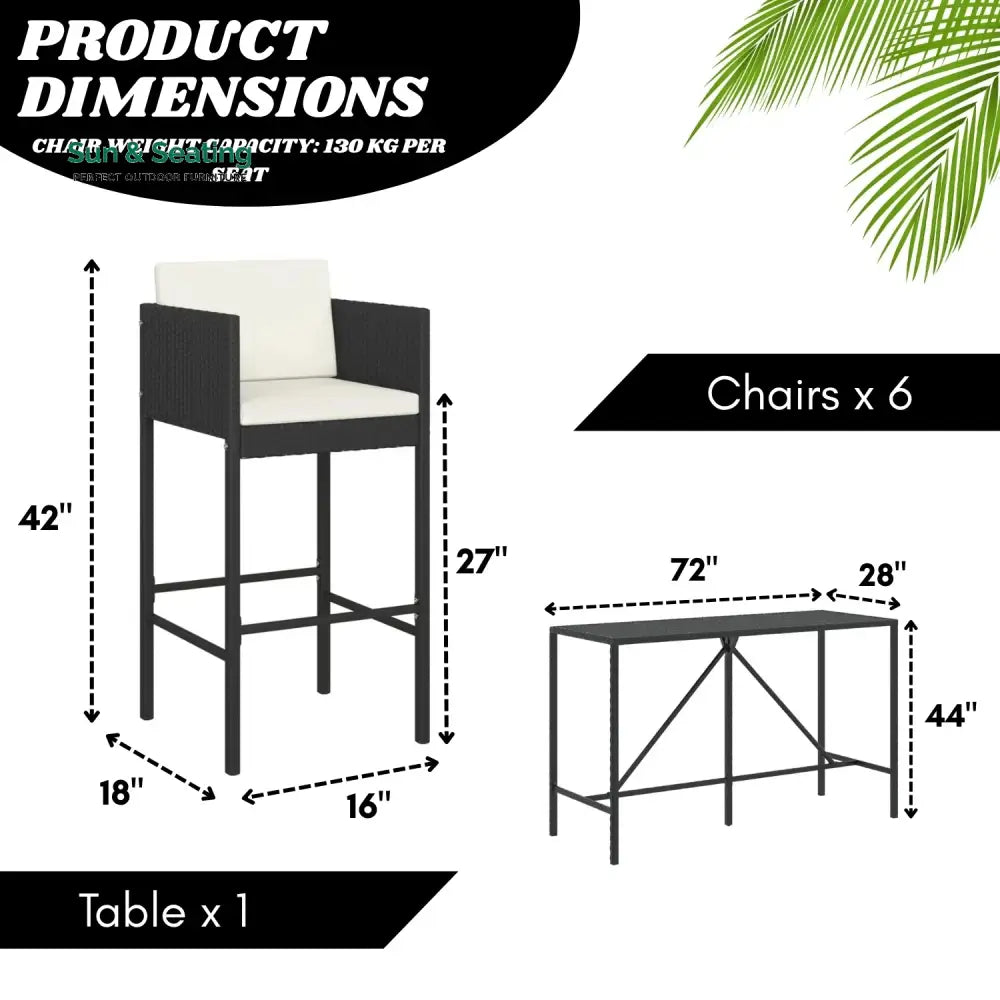 Lupe 7-Piece Outdoor Rattan Wicker Bar Set with Glass Top Table Bar Set