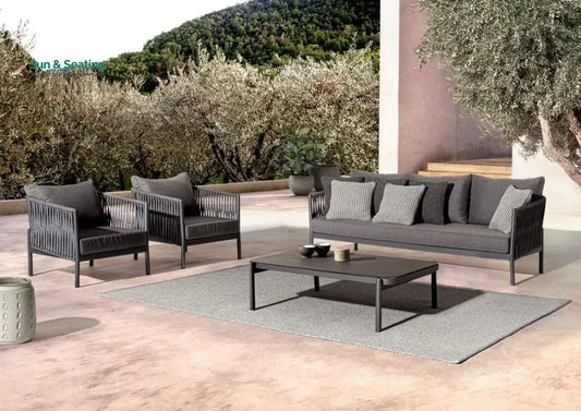 Luxo Outdoor Garden Balcony Sofa Set 3 Seater and 2 Single Seater With 1 Center Table Set Braid & Rope (Dark Grey) Sofa