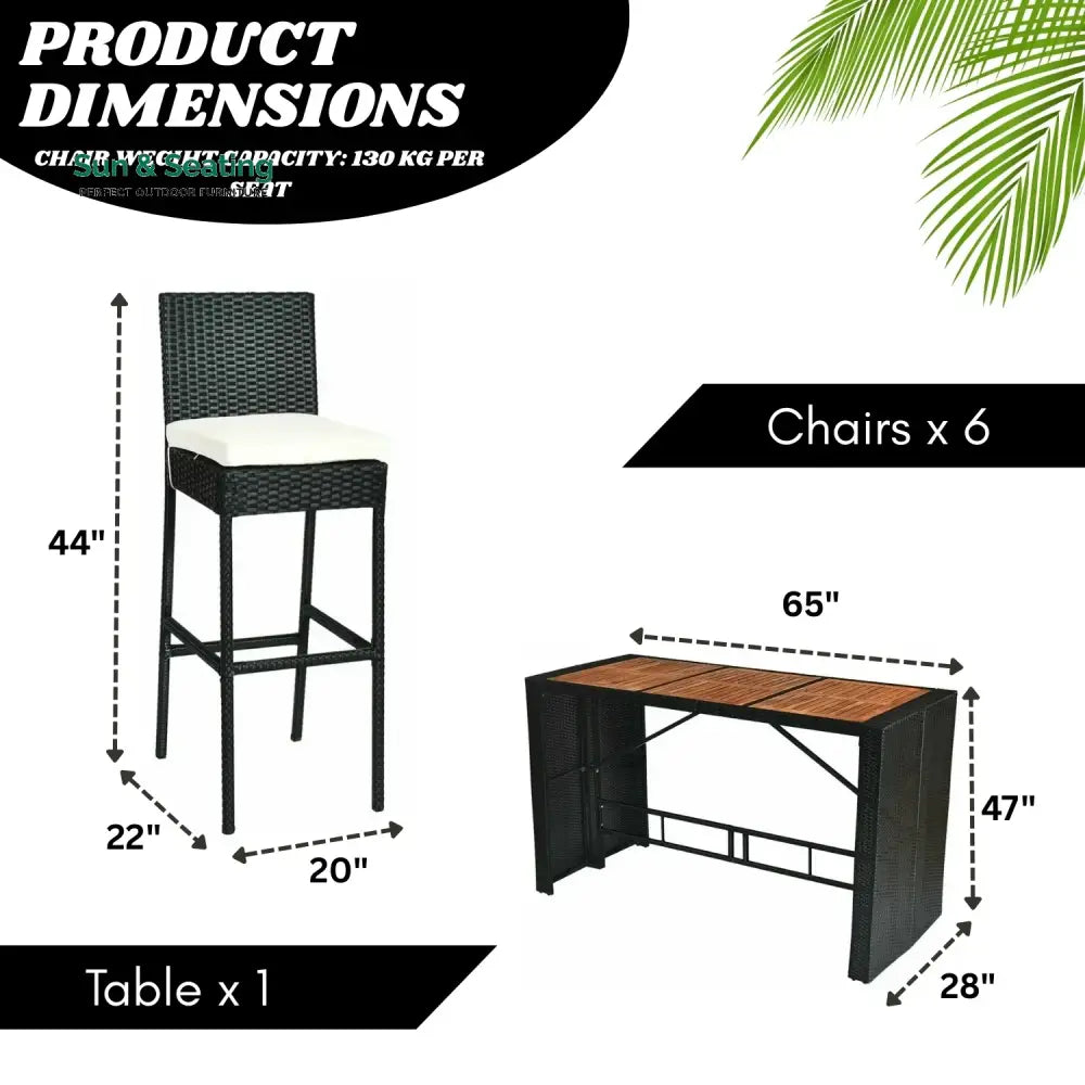 Lyra 7-Piece Outdoor Rattan Wicker Bar Set with Wooden Top Table Bar Set