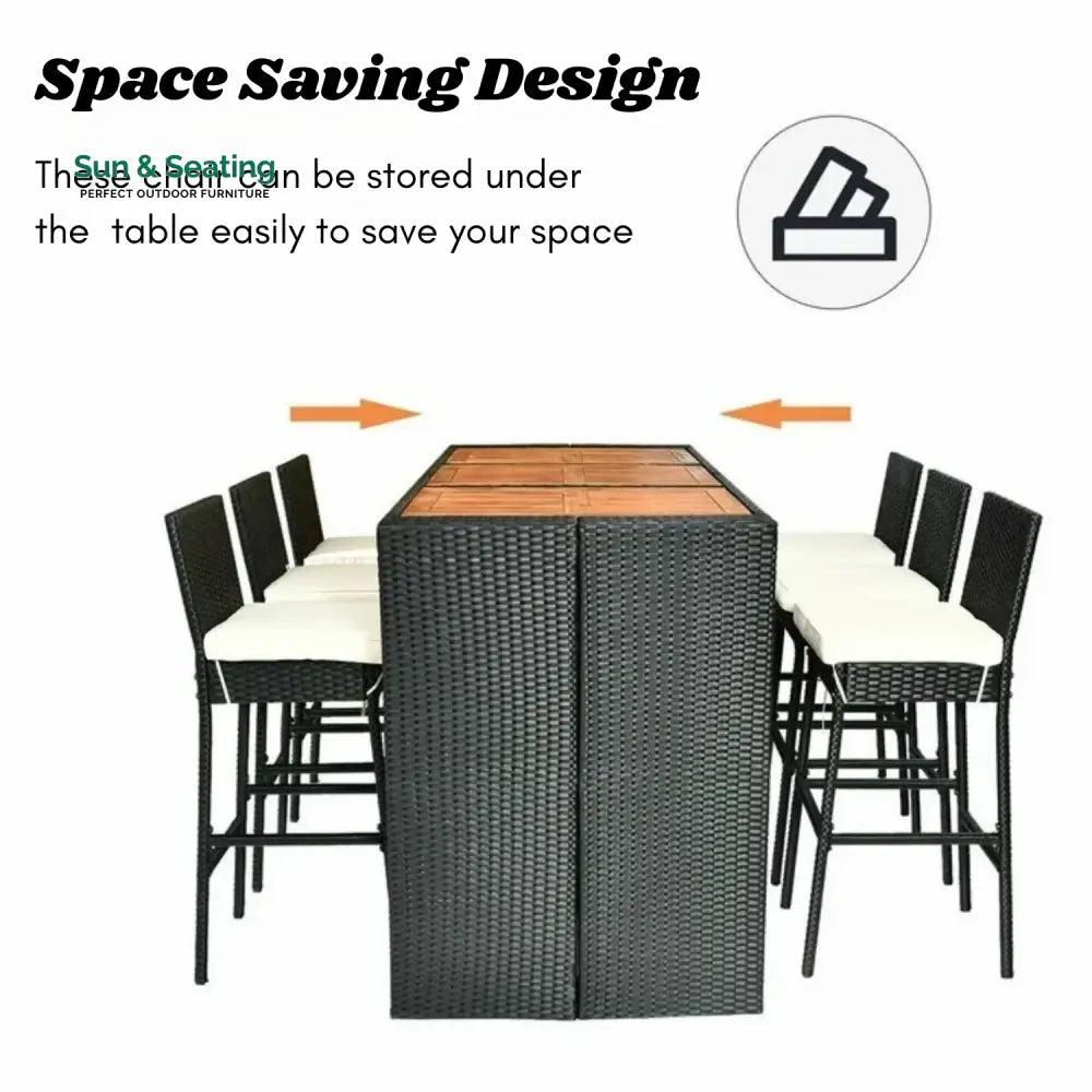 Lyra 7-Piece Outdoor Rattan Wicker Bar Set with Wooden Top Table Bar Set