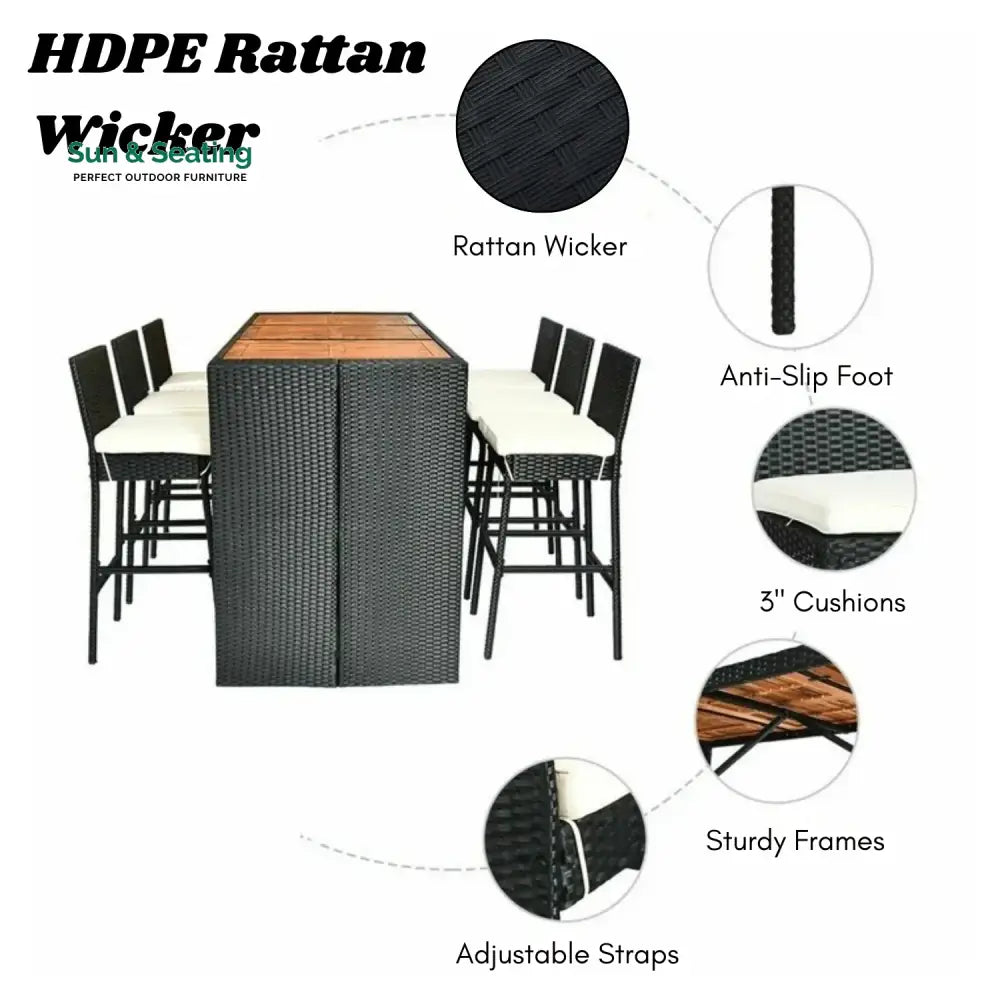 Lyra 7-Piece Outdoor Rattan Wicker Bar Set with Wooden Top Table Bar Set