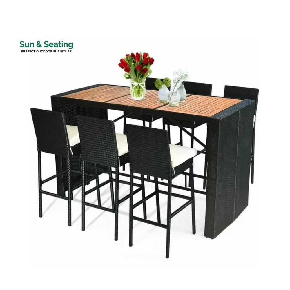 Lyra 7-Piece Outdoor Rattan Wicker Bar Set with Wooden Top Table Bar Set