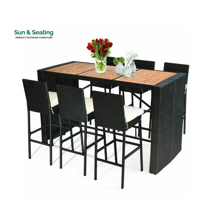 Lyra 7-Piece Outdoor Rattan Wicker Bar Set with Wooden Top Table Bar Set