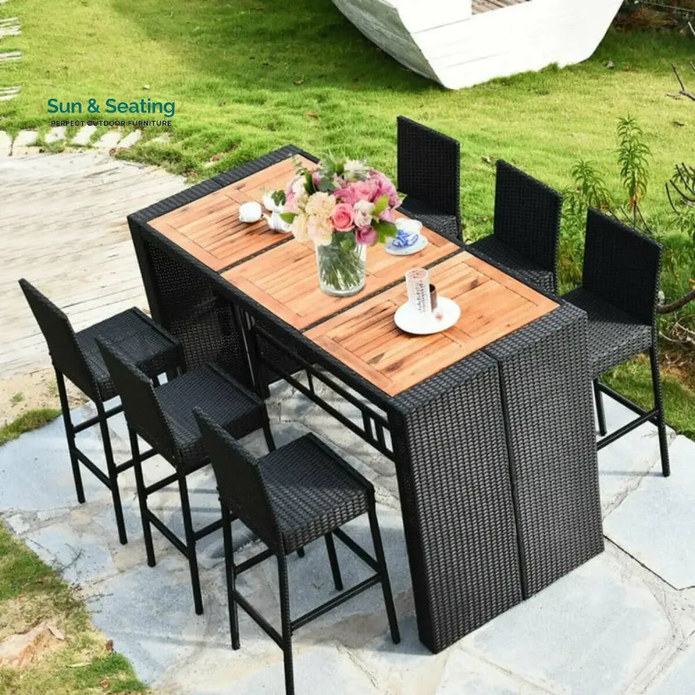 Lyra 7-Piece Outdoor Rattan Wicker Bar Set with Wooden Top Table Bar Set