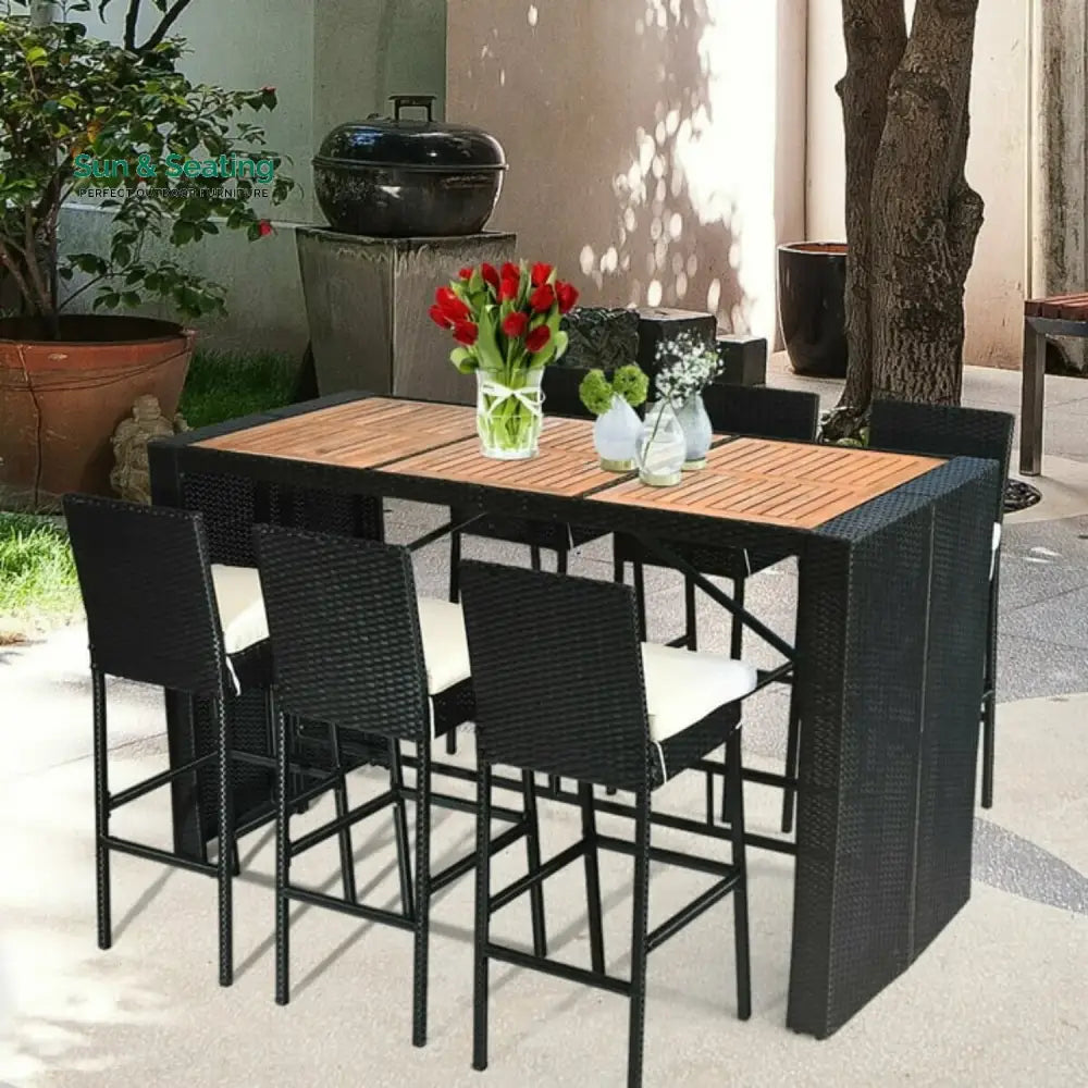 Lyra 7-Piece Outdoor Rattan Wicker Bar Set with Wooden Top Table Bar Set