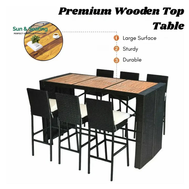 Lyra 7-Piece Outdoor Rattan Wicker Bar Set with Wooden Top Table Bar Set