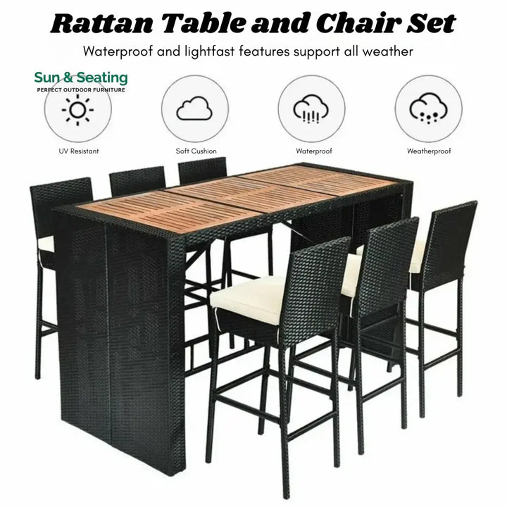 Lyra 7-Piece Outdoor Rattan Wicker Bar Set with Wooden Top Table Bar Set