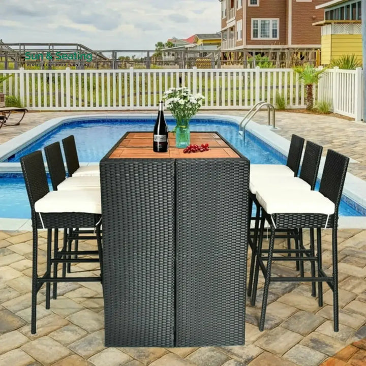 Lyra 7-Piece Outdoor Rattan Wicker Bar Set with Wooden Top Table Bar Set
