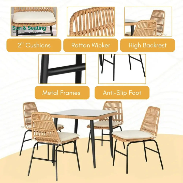 Macarena 5-Piece Outdoor Patio Dining Set With Rattan Chairs &amp; Glass-Top Table Dining Set