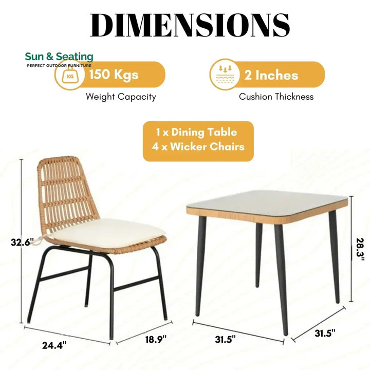 Macarena 5-Piece Outdoor Patio Dining Set With Rattan Chairs &amp; Glass-Top Table Dining Set