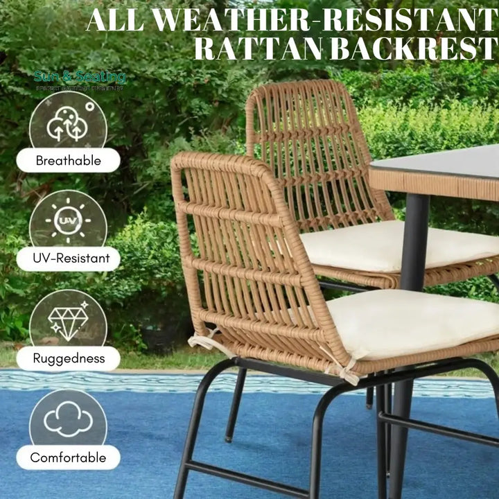 Macarena 5-Piece Outdoor Patio Dining Set With Rattan Chairs &amp; Glass-Top Table Dining Set