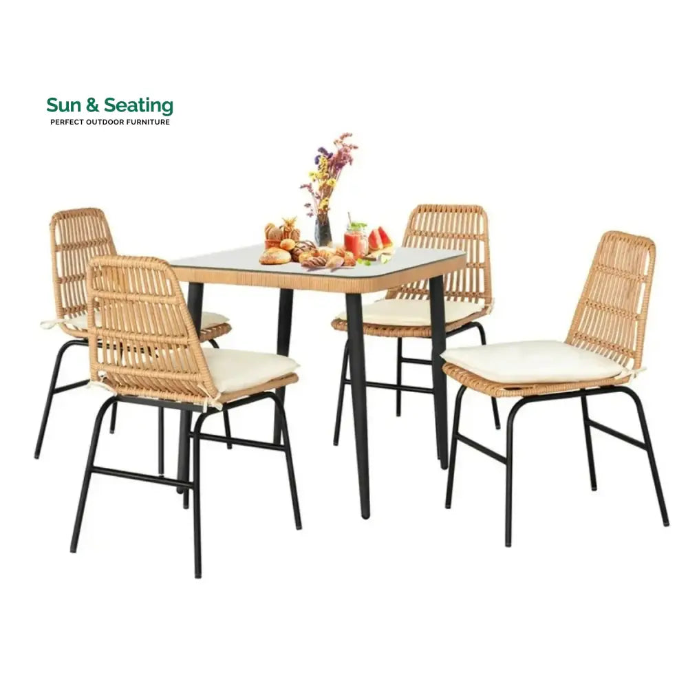 Macarena 5-Piece Outdoor Patio Dining Set With Rattan Chairs &amp; Glass-Top Table Dining Set
