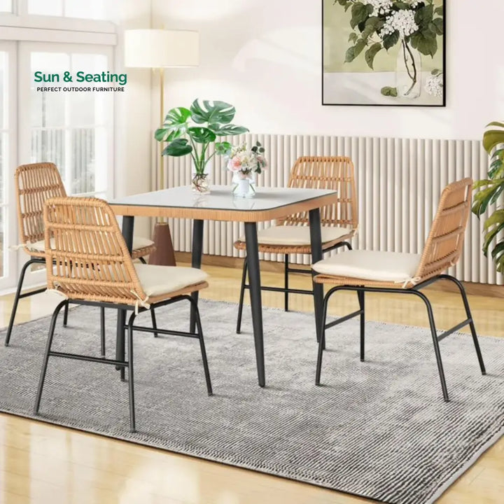 Macarena 5-Piece Outdoor Patio Dining Set With Rattan Chairs &amp; Glass-Top Table Dining Set
