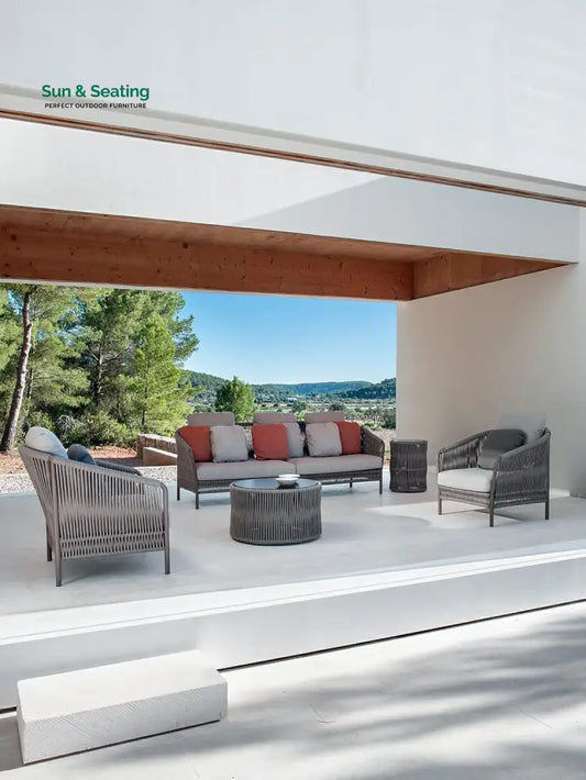 Madaki Outdoor Garden Balcony Sofa Set 3 Seater 2 Single Seater and 1 Center Table & 1 Side Table Set Braid & Rope