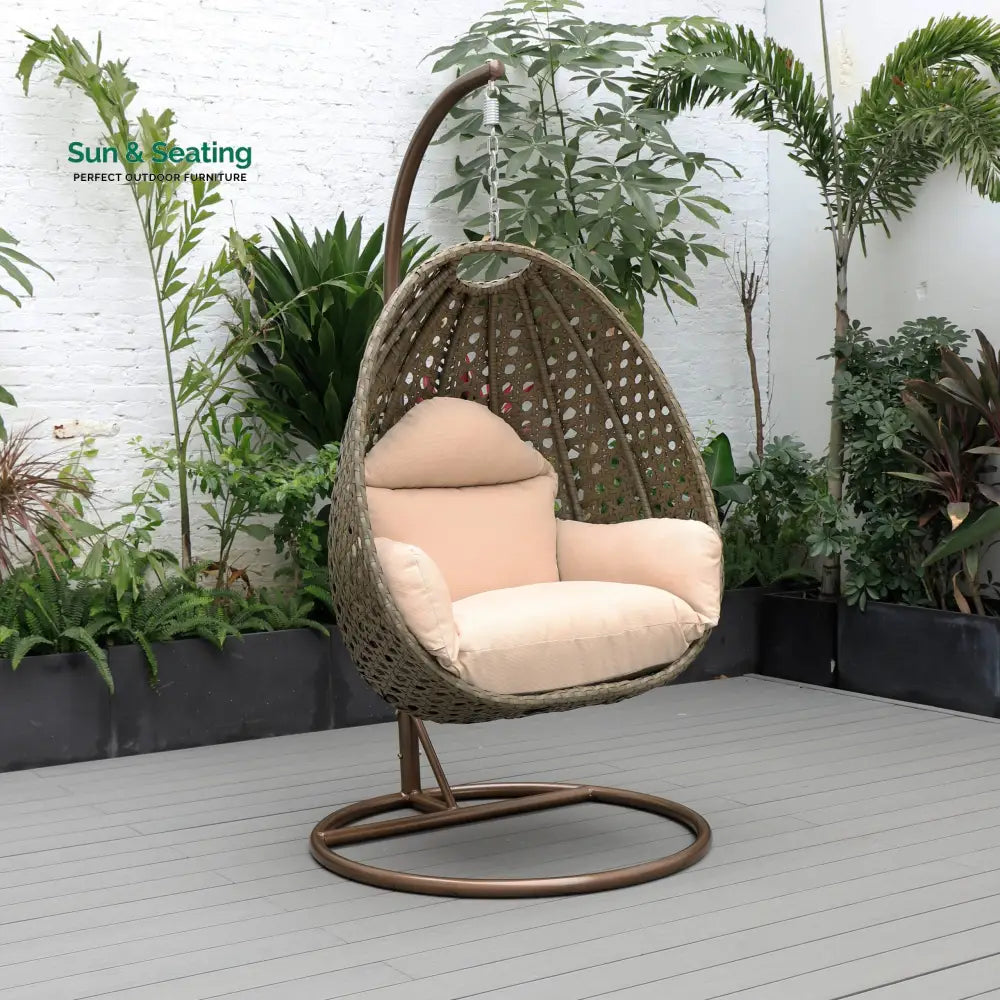 Marcello Single Seater Hanging Swing With Stand For Balcony Garden (Brown) Beige Swings