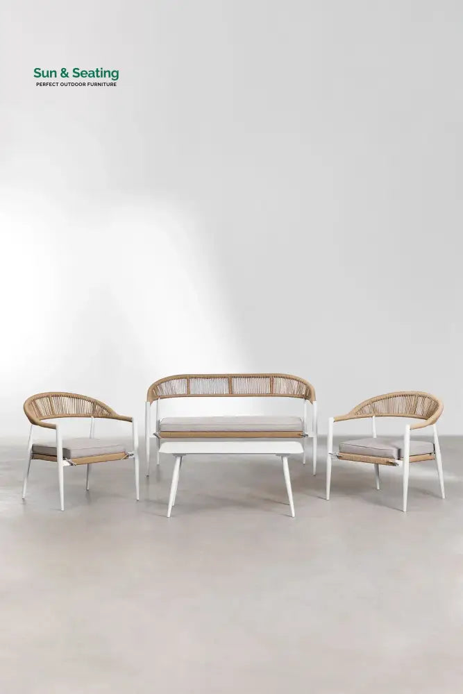 Marianela Outdoor Sofa Set 2 Seater 2 Single seater and 1 Center Table Set (White + Brown) Braided &amp; Rope Sofa Sets