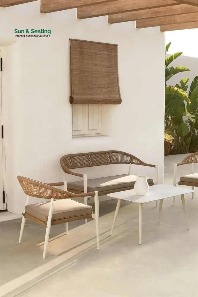 Marianela Outdoor Sofa Set 2 Seater 2 Single seater and 1 Center Table Set (White + Brown) Braided &amp; Rope Sofa Sets