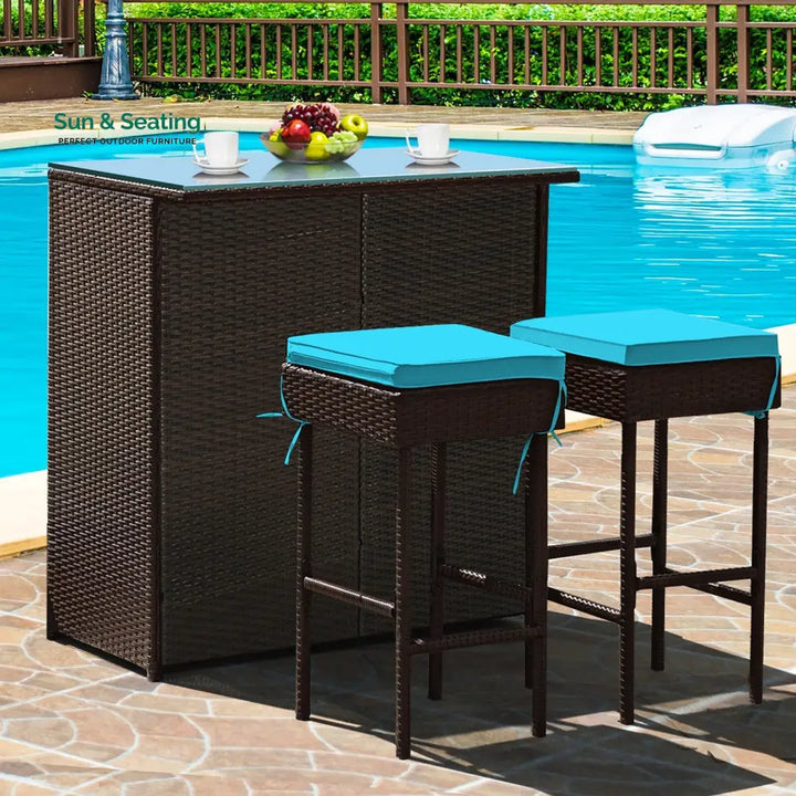 Massimo Outdoor Patio Bar Sets 2 Stools and 1 Table (Dark Brown) Blue Bar Sets