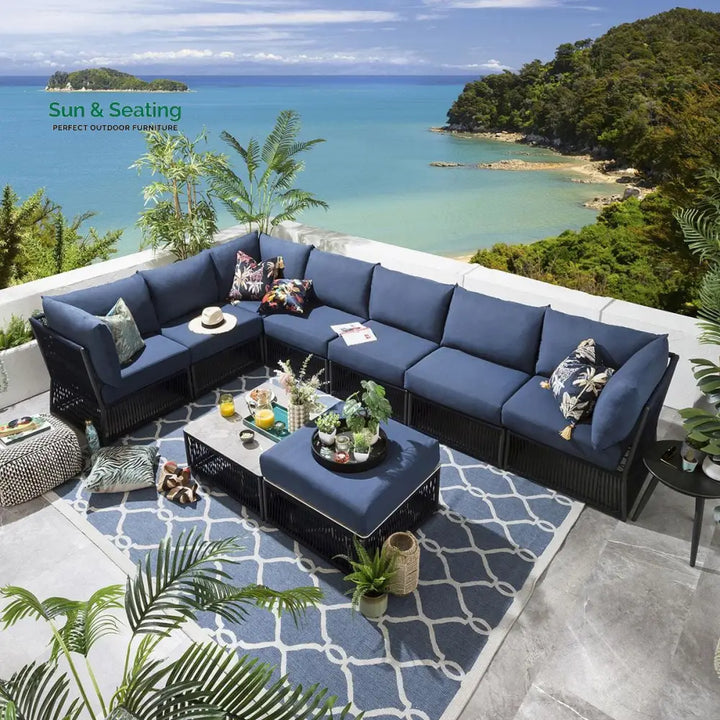 Mauricio Outdoor Sofa Set 7 Seater 1 Ottoman and 1 Center Table Set (Blue) Braided &amp; Rope Sofa Sets