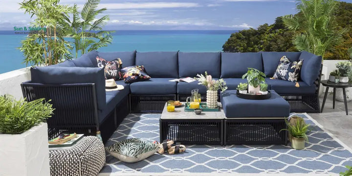 Mauricio Outdoor Sofa Set 7 Seater 1 Ottoman and 1 Center Table Set (Blue) Braided &amp; Rope Sofa Sets