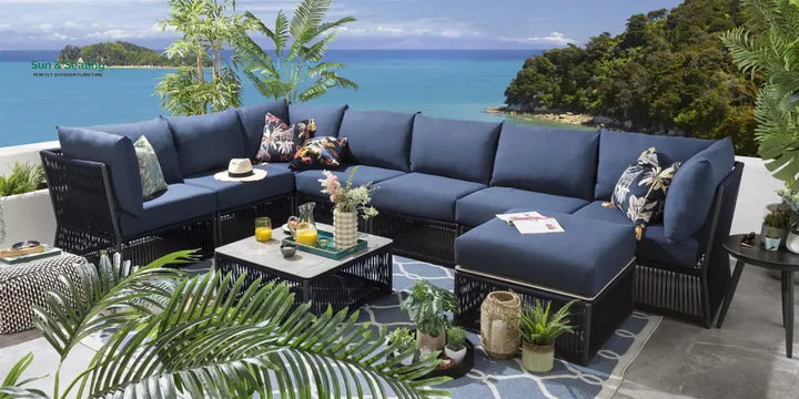 Mauricio Outdoor Sofa Set 7 Seater 1 Ottoman and 1 Center Table Set (Blue) Braided &amp; Rope Sofa Sets