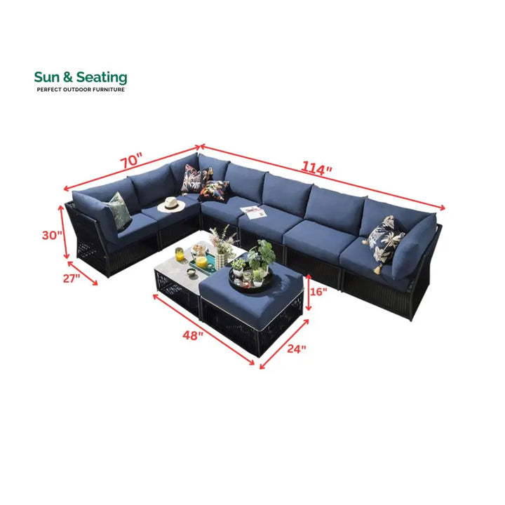 Mauricio Outdoor Sofa Set 7 Seater 1 Ottoman and 1 Center Table Set (Blue) Braided &amp; Rope Sofa Sets