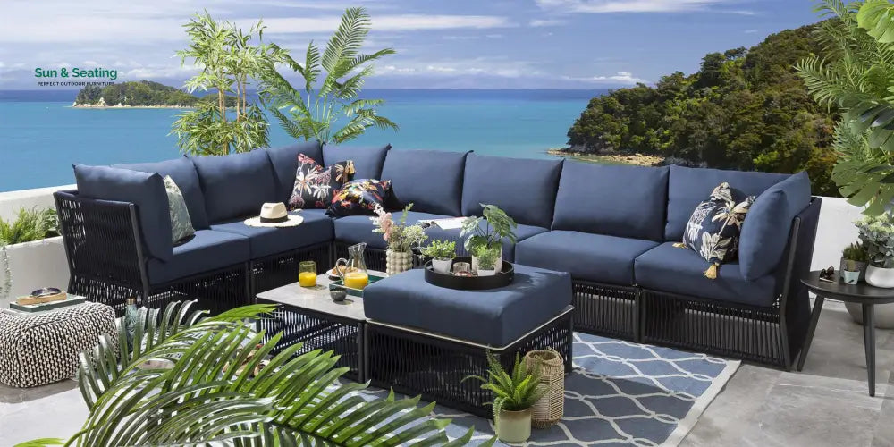 Mauricio Outdoor Sofa Set 7 Seater 1 Ottoman and 1 Center Table Set (Blue) Braided & Rope Sofa Sets