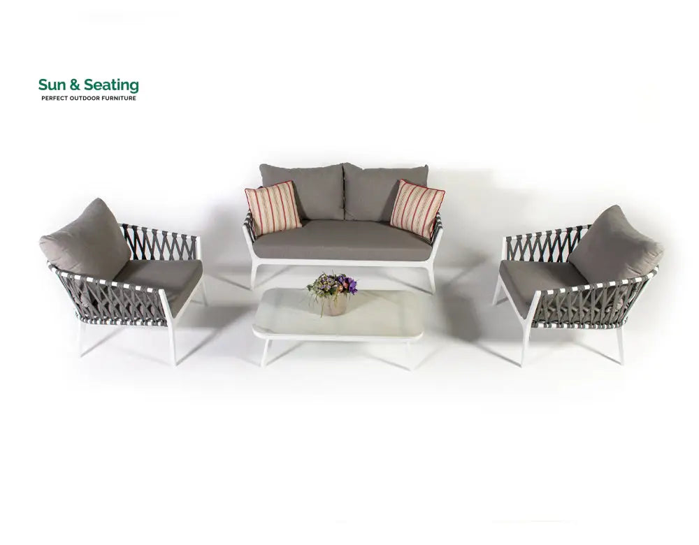 Mazzanti Outdoor Sofa Set 2 Seater 2 Single seater and 1 Center Table (White + Brown) Braided &amp; Rope Sofa Sets