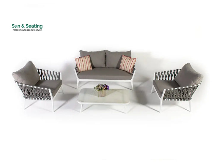 Mazzanti Outdoor Sofa Set 2 Seater 2 Single seater and 1 Center Table (White + Brown) Braided &amp; Rope Sofa Sets