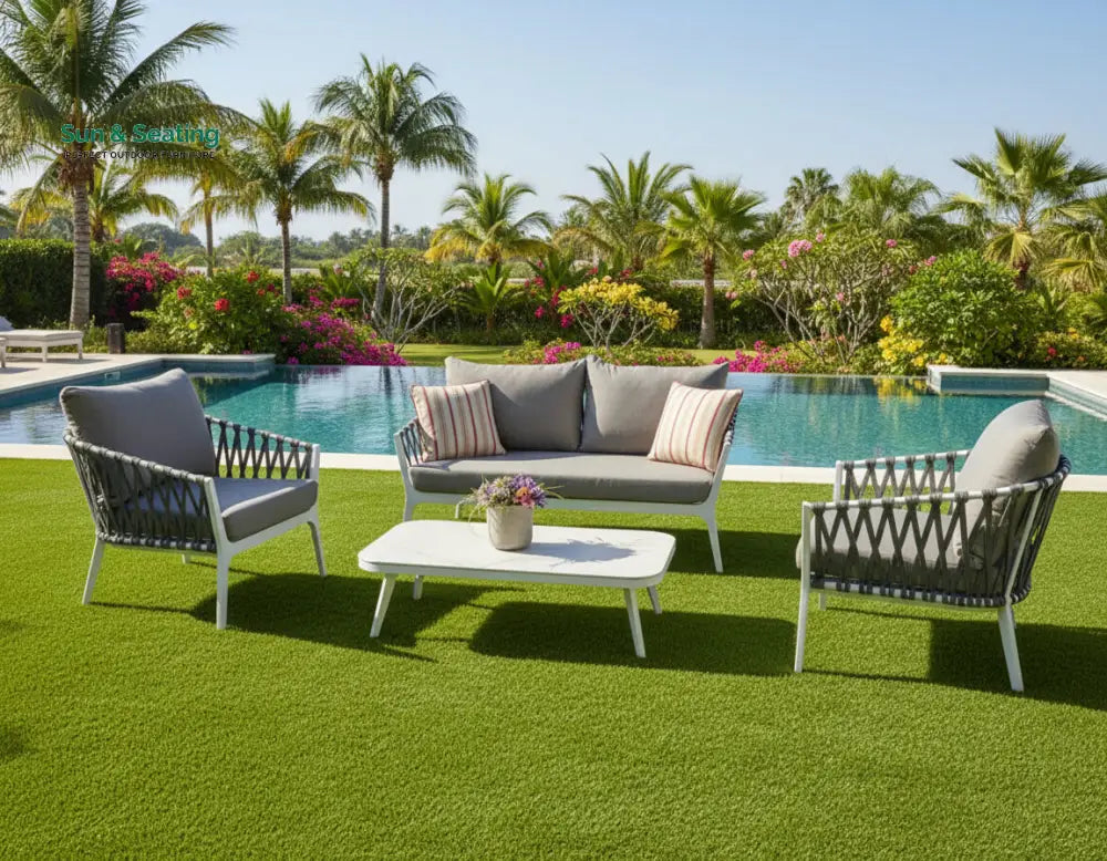 Mazzanti Outdoor Sofa Set 2 Seater 2 Single seater and 1 Center Table (White + Brown) Braided &amp; Rope Sofa Sets